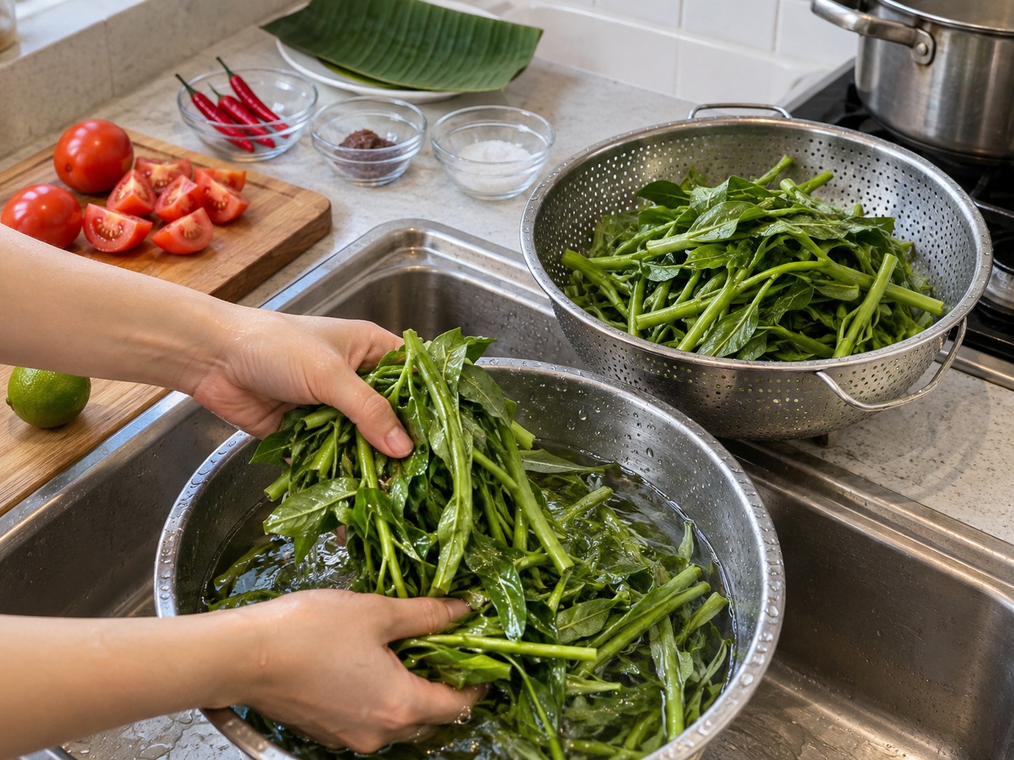 Indonesian Plecing Kangkung — Wash water spinach twice, soak briefly and drain well