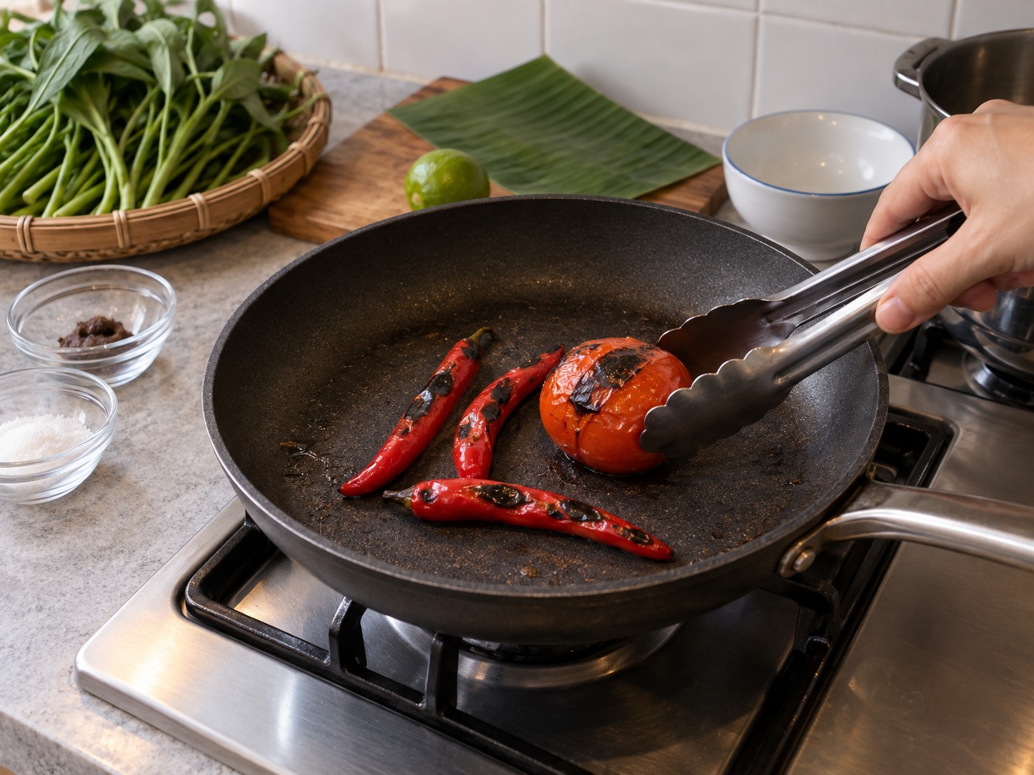 Indonesian Plecing Kangkung — Char tomato and chillies in a dry pan until blistered and soft