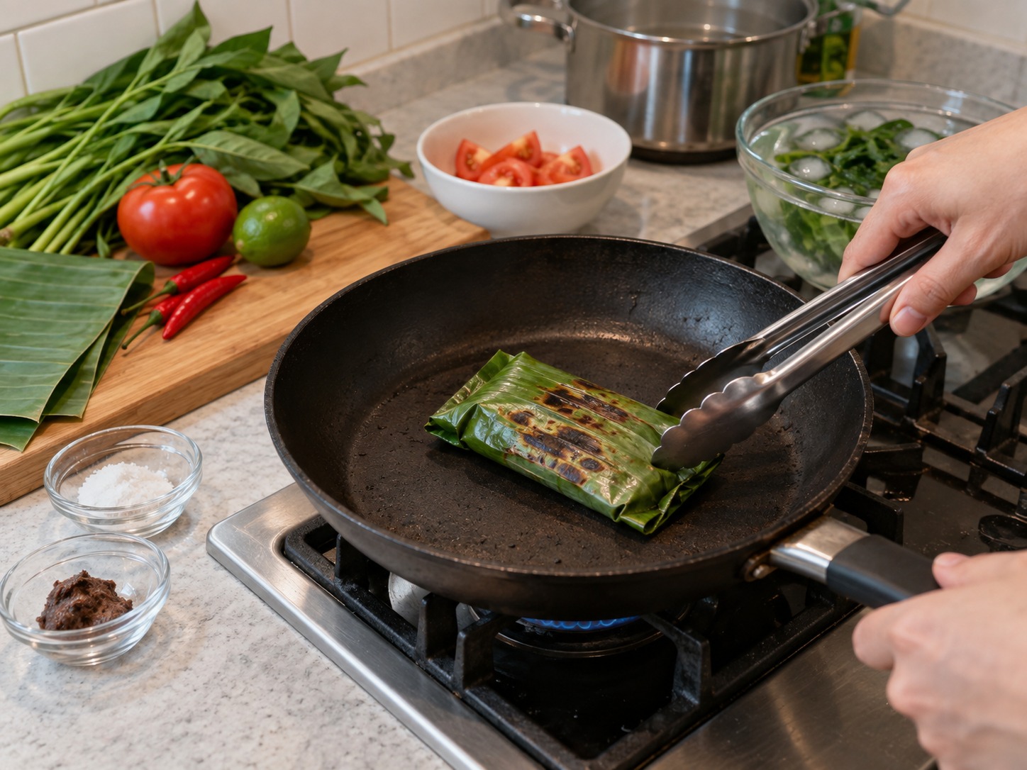 Indonesian Plecing Kangkung — Wrap shrimp paste in banana leaf and toast until aromatic