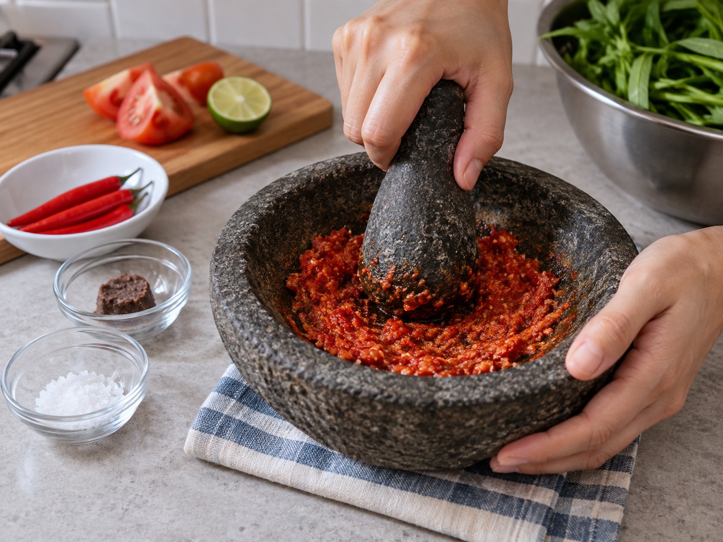 Indonesian Plecing Kangkung — Pound chillies, shrimp paste and salt to a fine paste