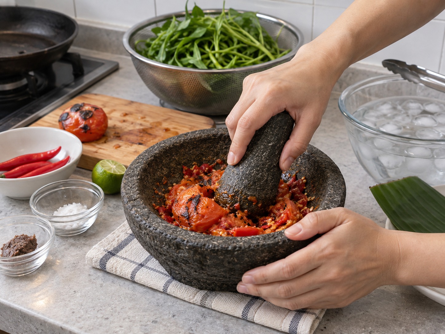 Indonesian Plecing Kangkung — Pound in charred tomato, leaving a little texture