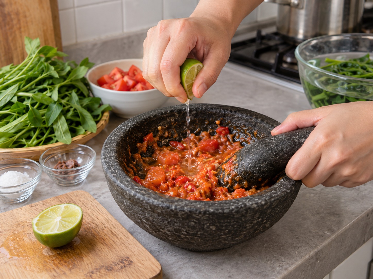Indonesian Plecing Kangkung — Mix in lime juice, keeping the sambal thick without water