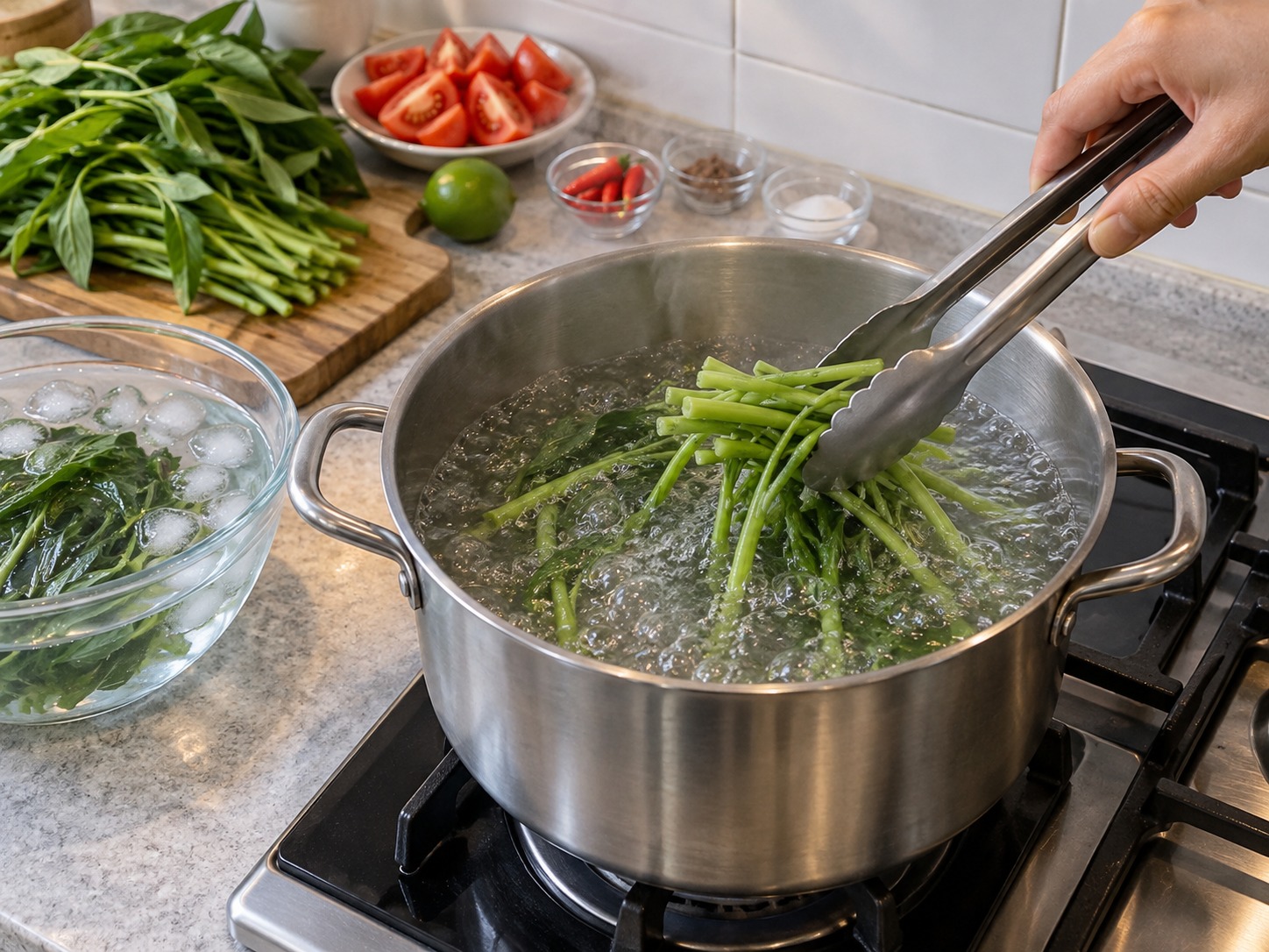 Indonesian Plecing Kangkung — Bring a large pot to a hard boil and blanch tender stems twenty seconds