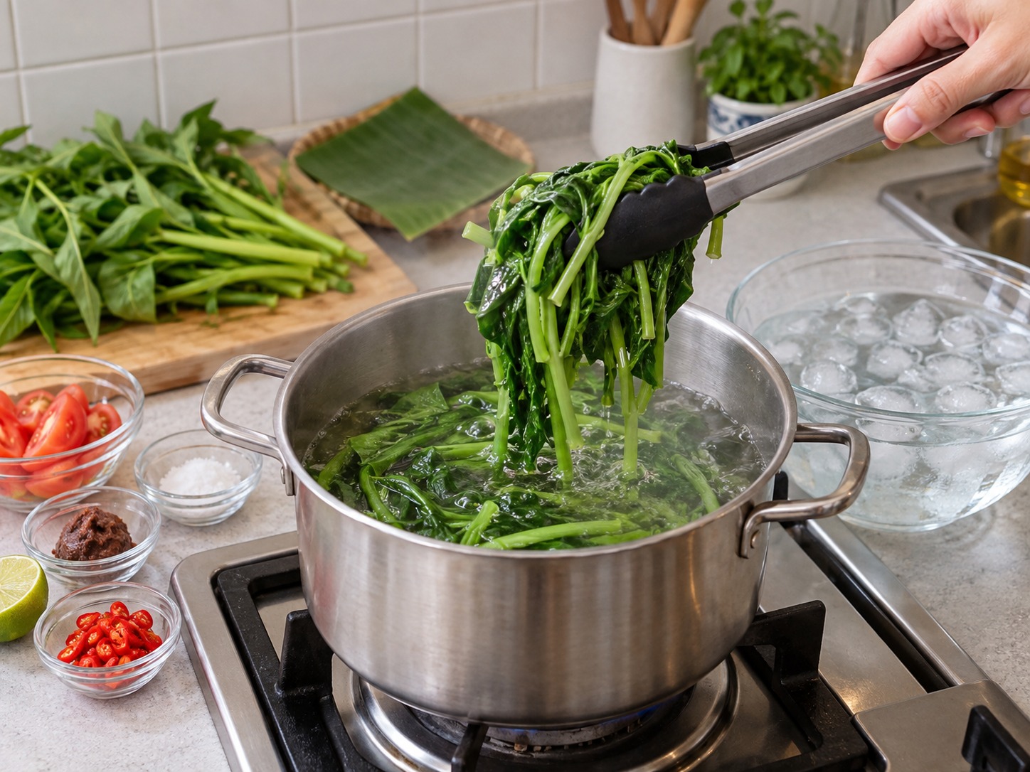 Indonesian Plecing Kangkung — Add leaves for twenty to thirty seconds and lift once vivid green