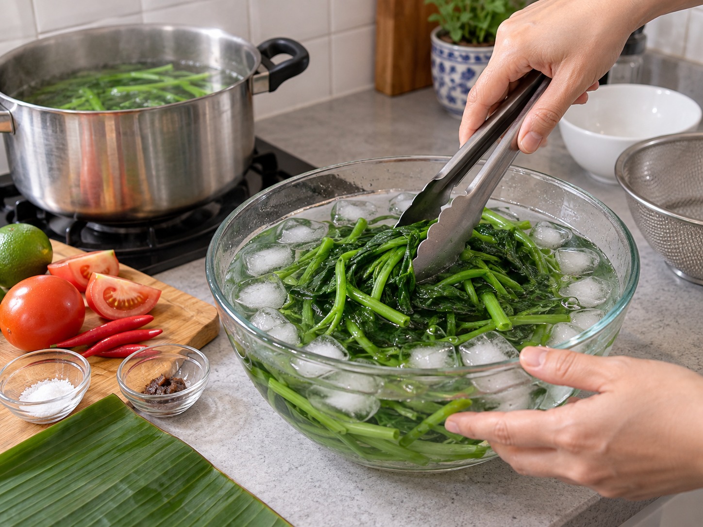 Indonesian Plecing Kangkung — Chill immediately in ice water to stop carry-over cooking