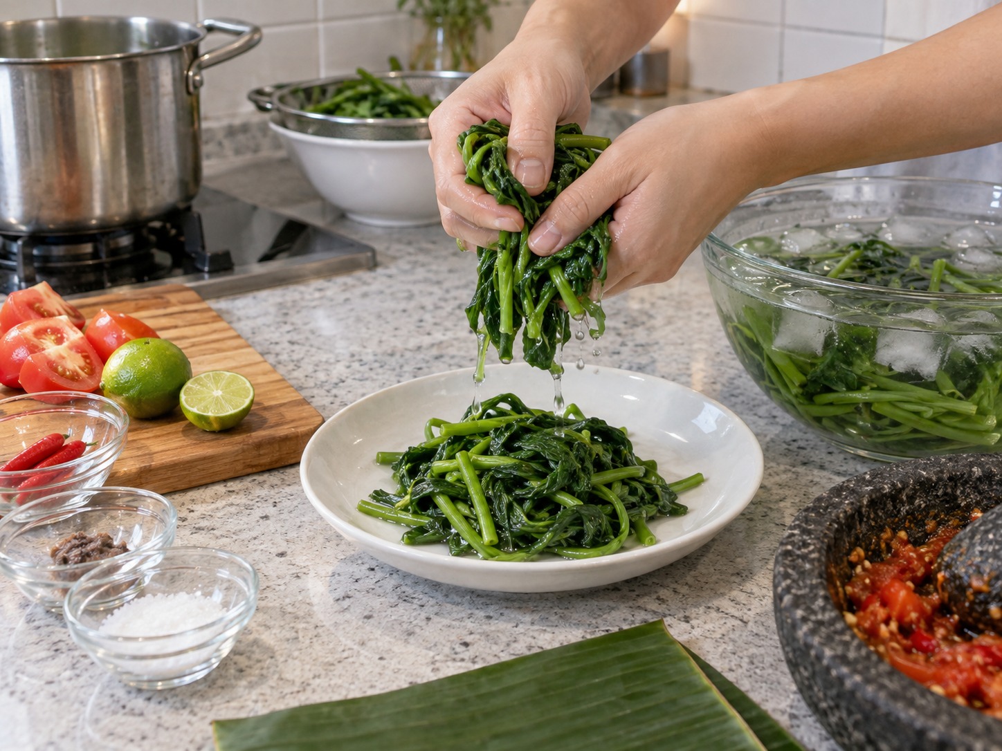 Indonesian Plecing Kangkung — Gently squeeze water out and arrange without crushing