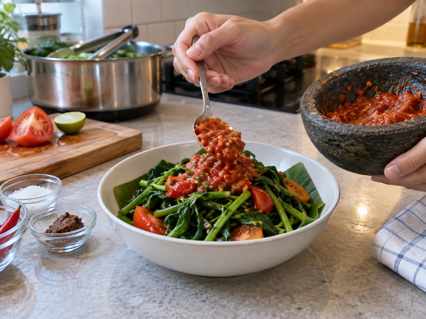 Indonesian Plecing Kangkung — Spoon thick sambal over the greens and toss only before eating