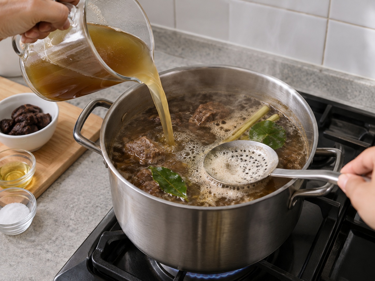 Indonesian Rawon Beef Soup — Add stock, boil and skim