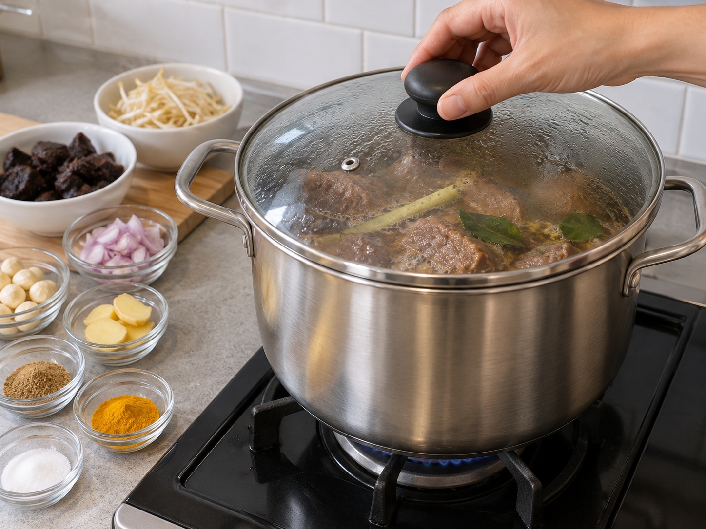 Indonesian Rawon Beef Soup — Cover and simmer beef shin gently for 120 minute