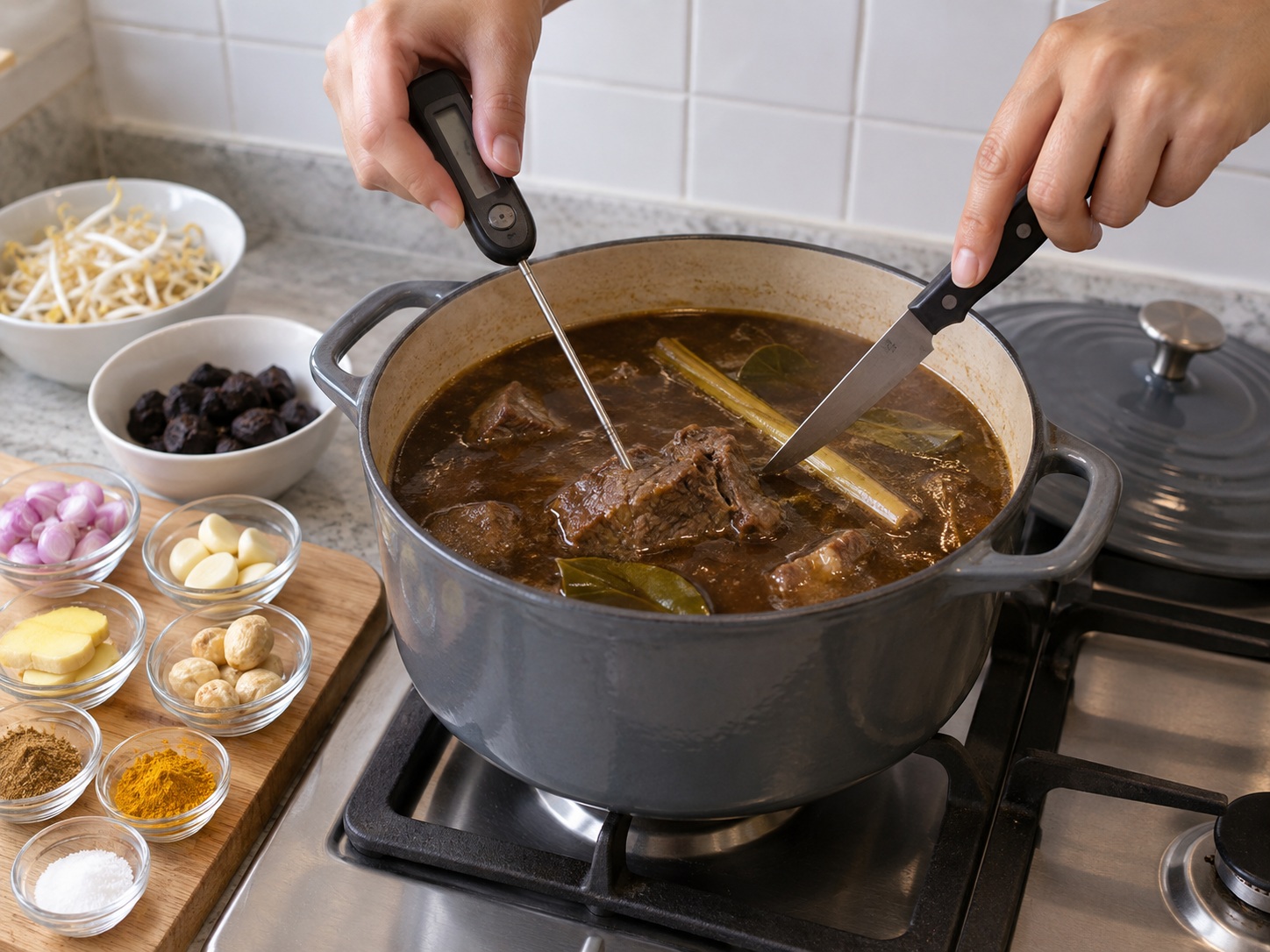 Indonesian Rawon Beef Soup — Check beef temperature and tenderness