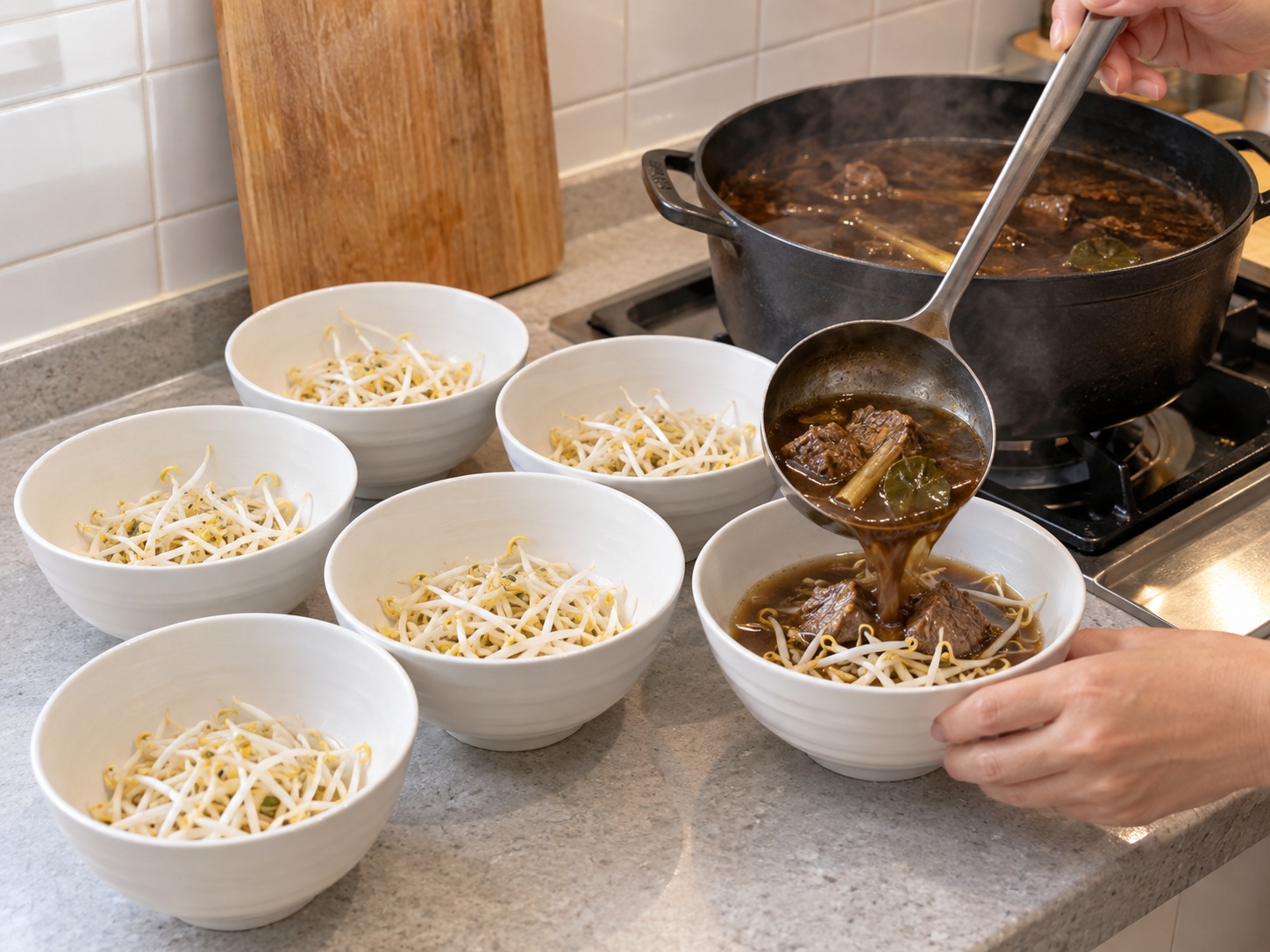 Indonesian Rawon Beef Soup — Divide bean sprouts among bowls and ladle over b