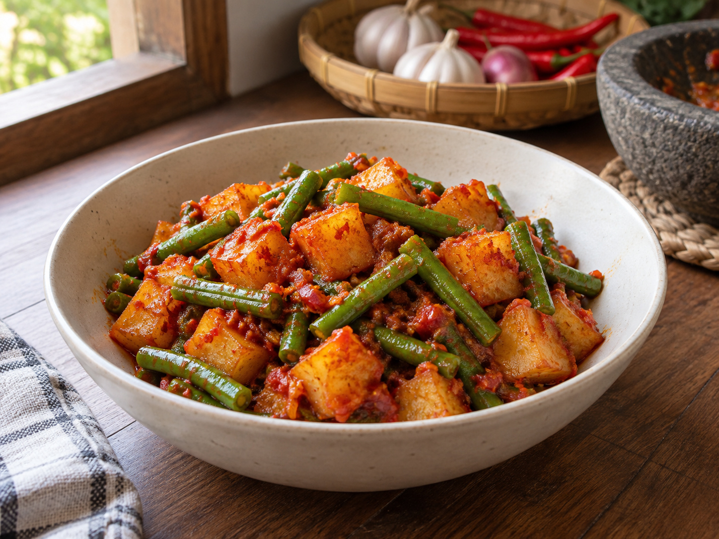 Indonesian Sambal Potatoes with Green Beans — finished dish