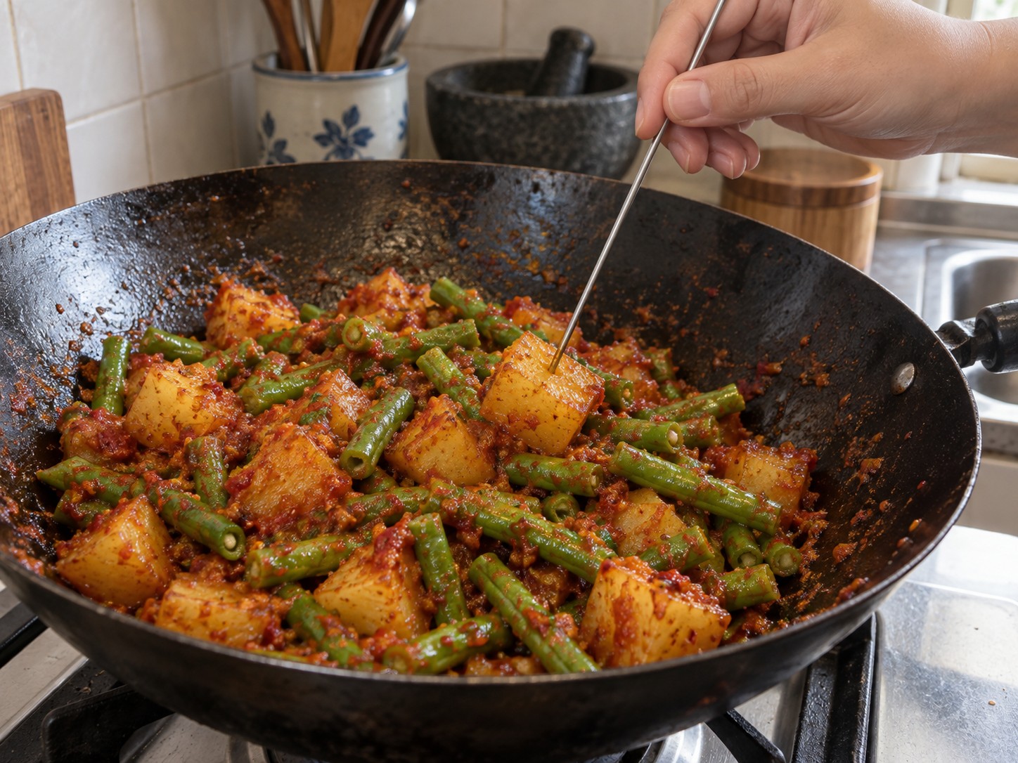 Sambal Goreng Kentang dan Buncis Indonesia — Periksa dan sajikan