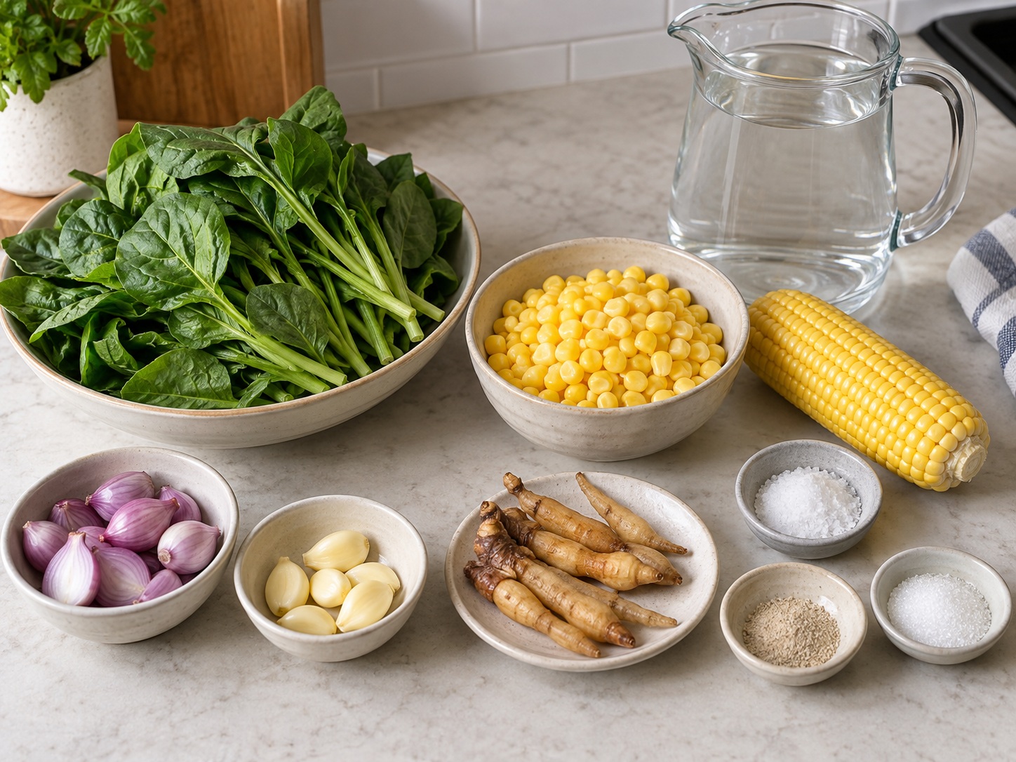 Indonesian Sayur Bening Spinach Corn Soup — ingredients