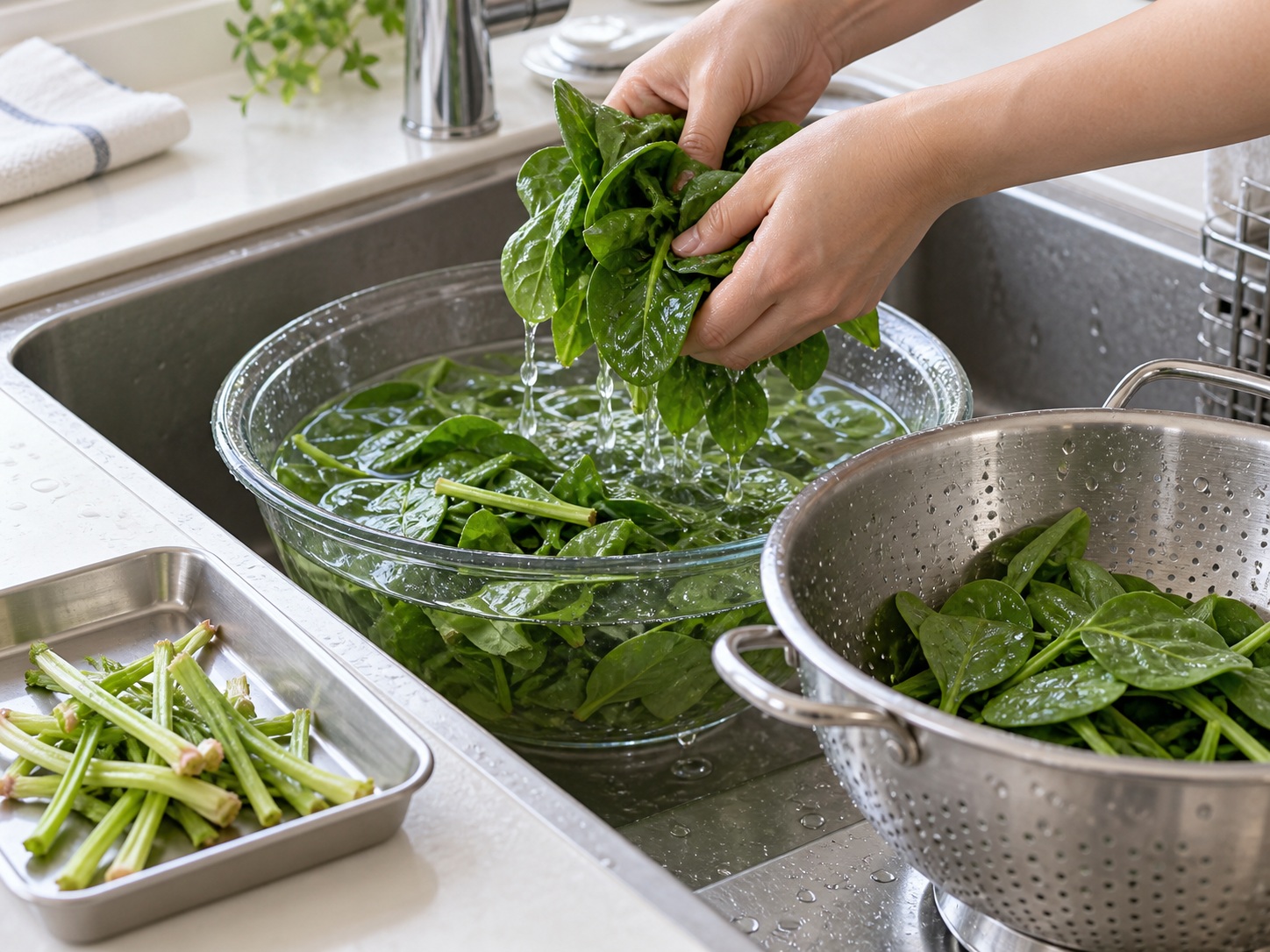 Indonesian Sayur Bening Spinach Corn Soup — Pick, wash and drain spinach