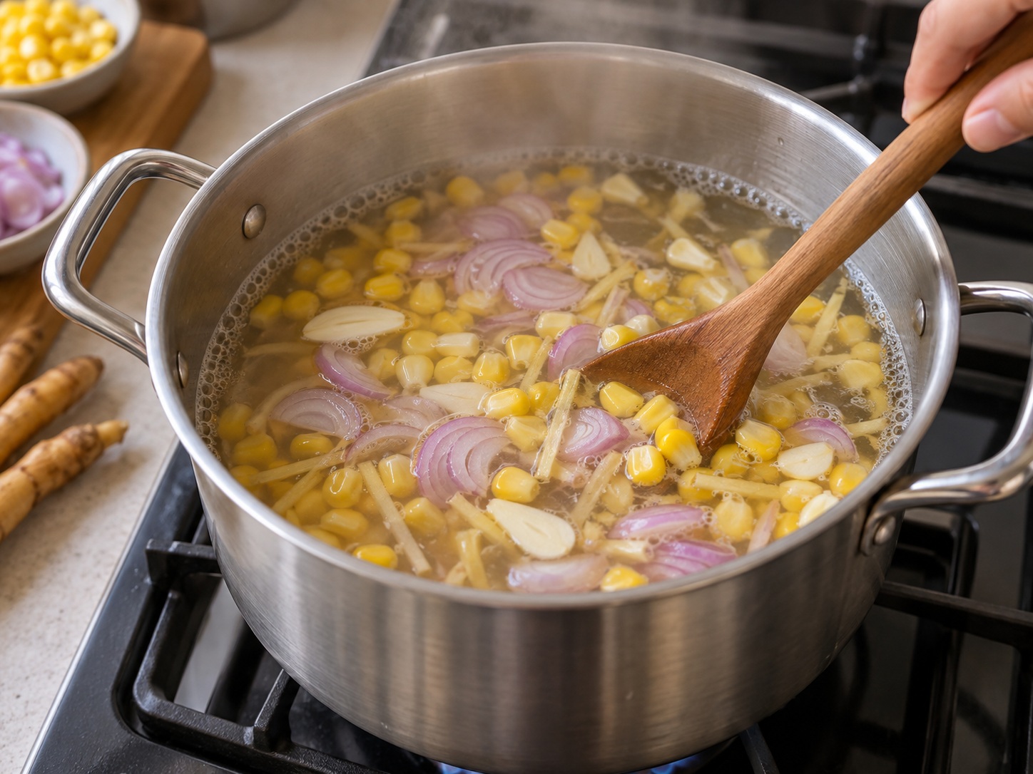 Indonesian Sayur Bening Spinach Corn Soup — Simmer corn and aromatics