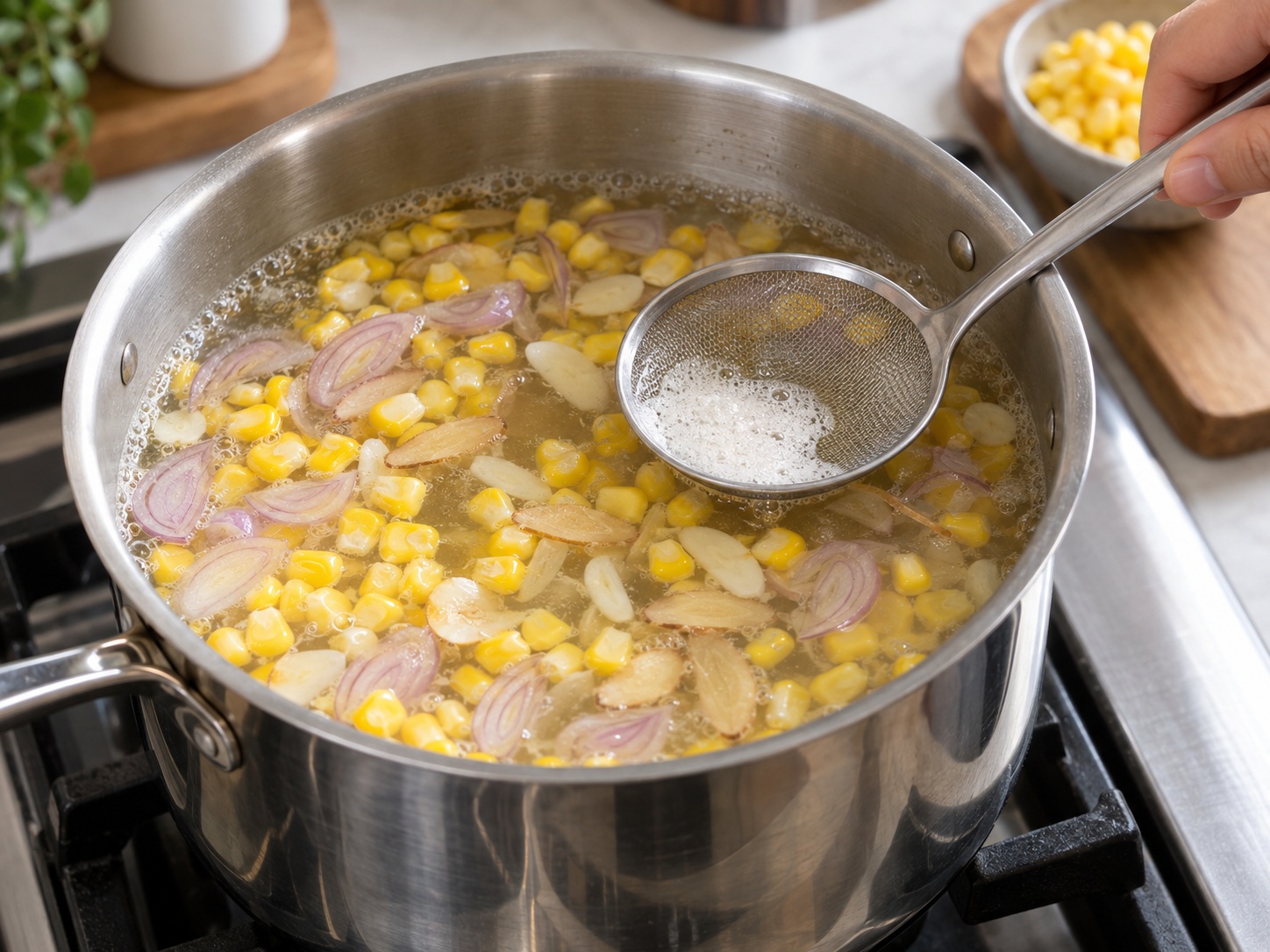 Indonesian Sayur Bening Spinach Corn Soup — Skim for a clear broth