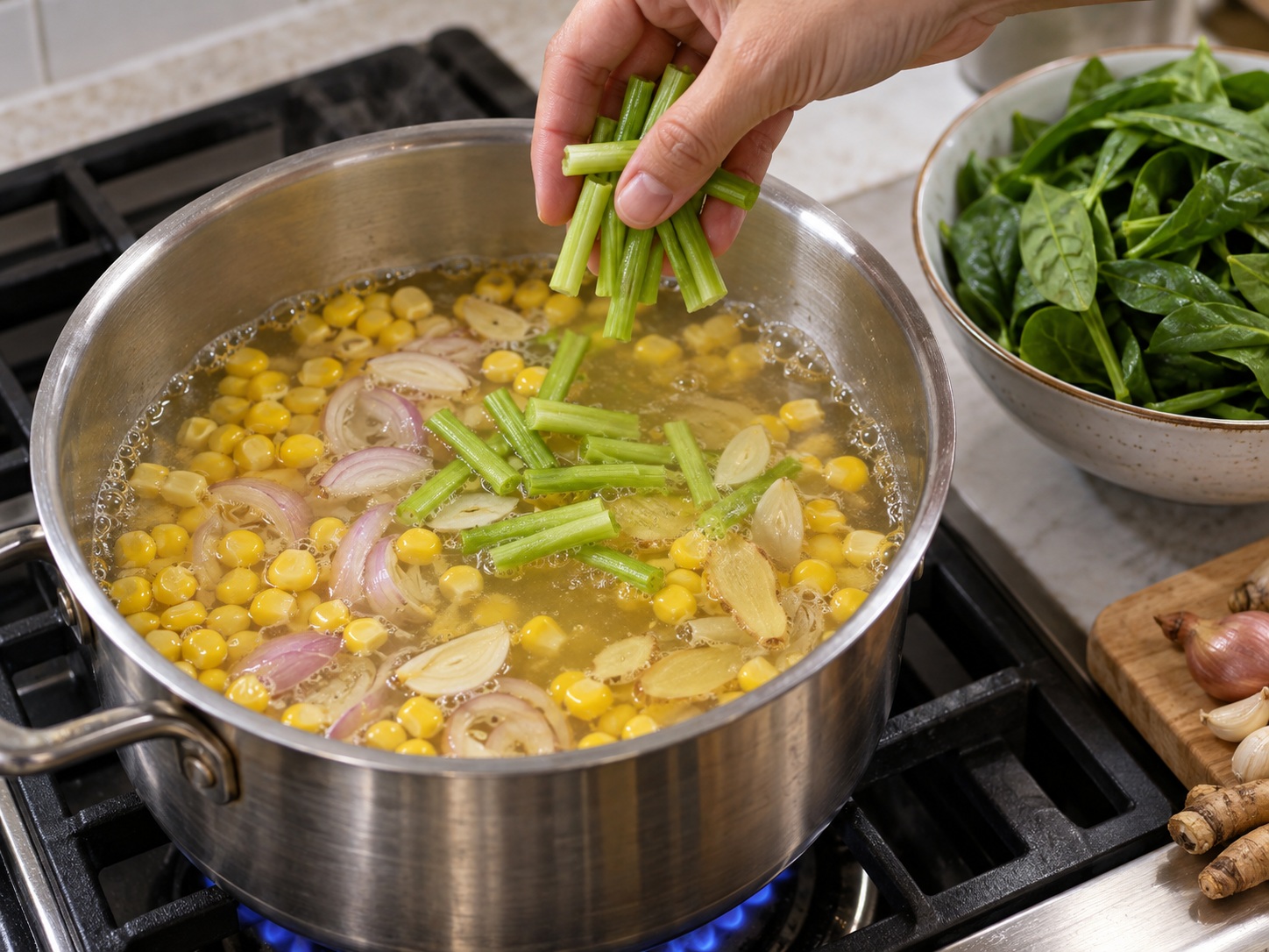 Indonesian Sayur Bening Spinach Corn Soup — Cook spinach stems first