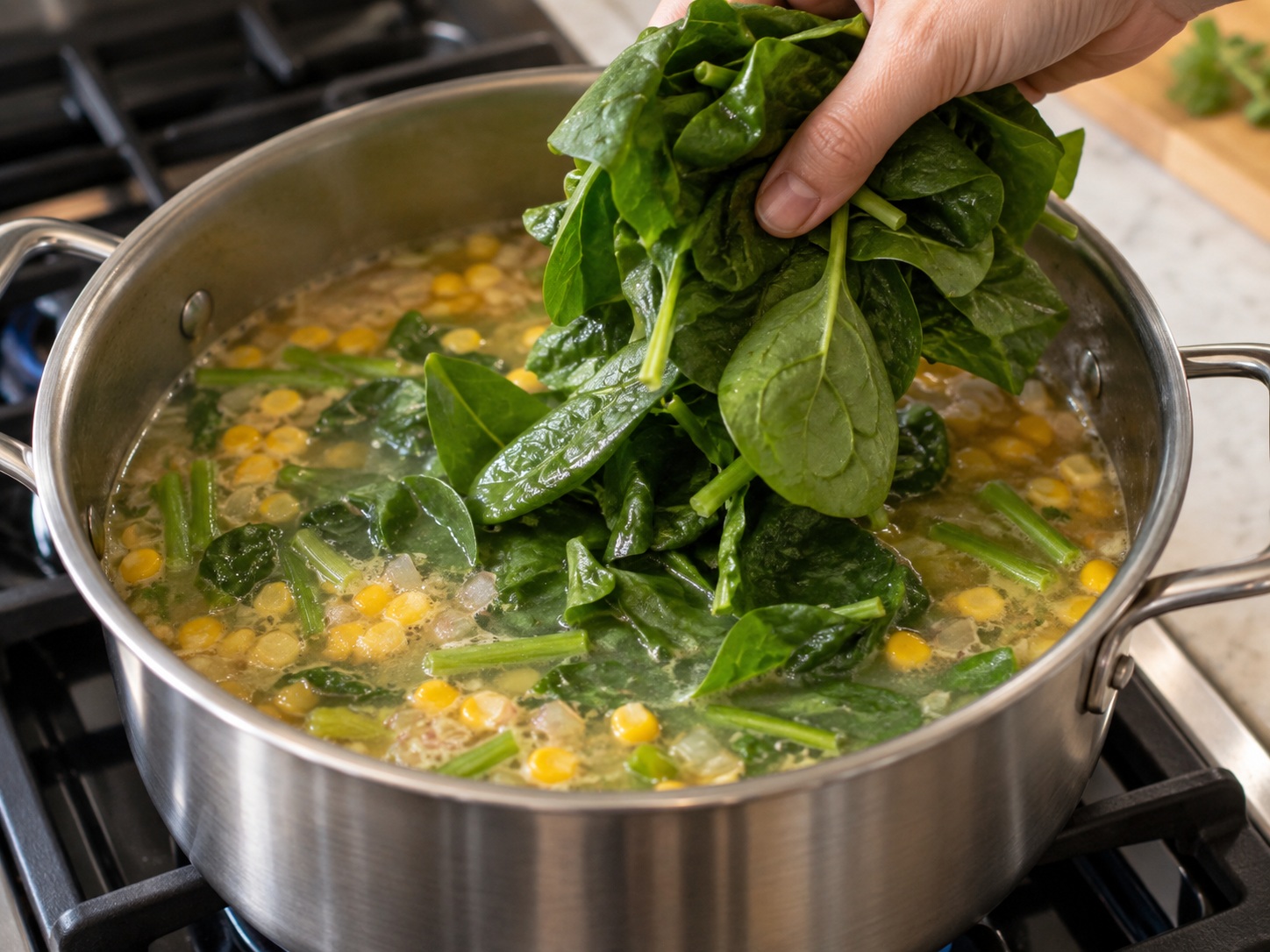 Indonesian Sayur Bening Spinach Corn Soup — Wilt the leaves briefly