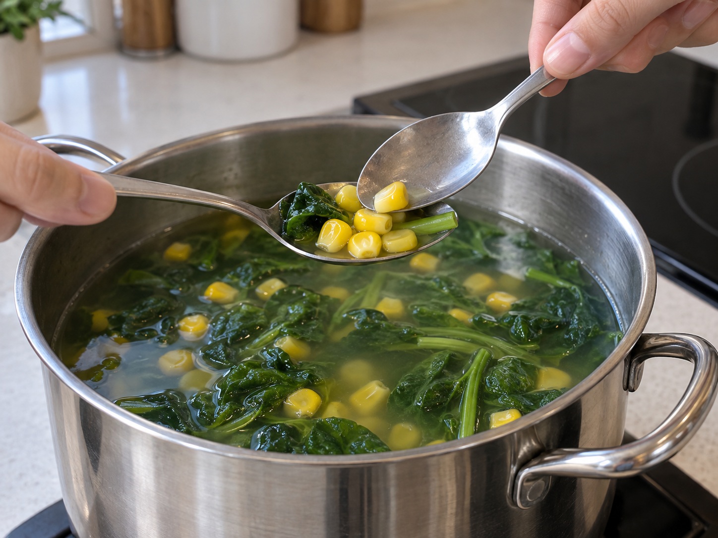 Indonesian Sayur Bening Spinach Corn Soup — Check tenderness and colour