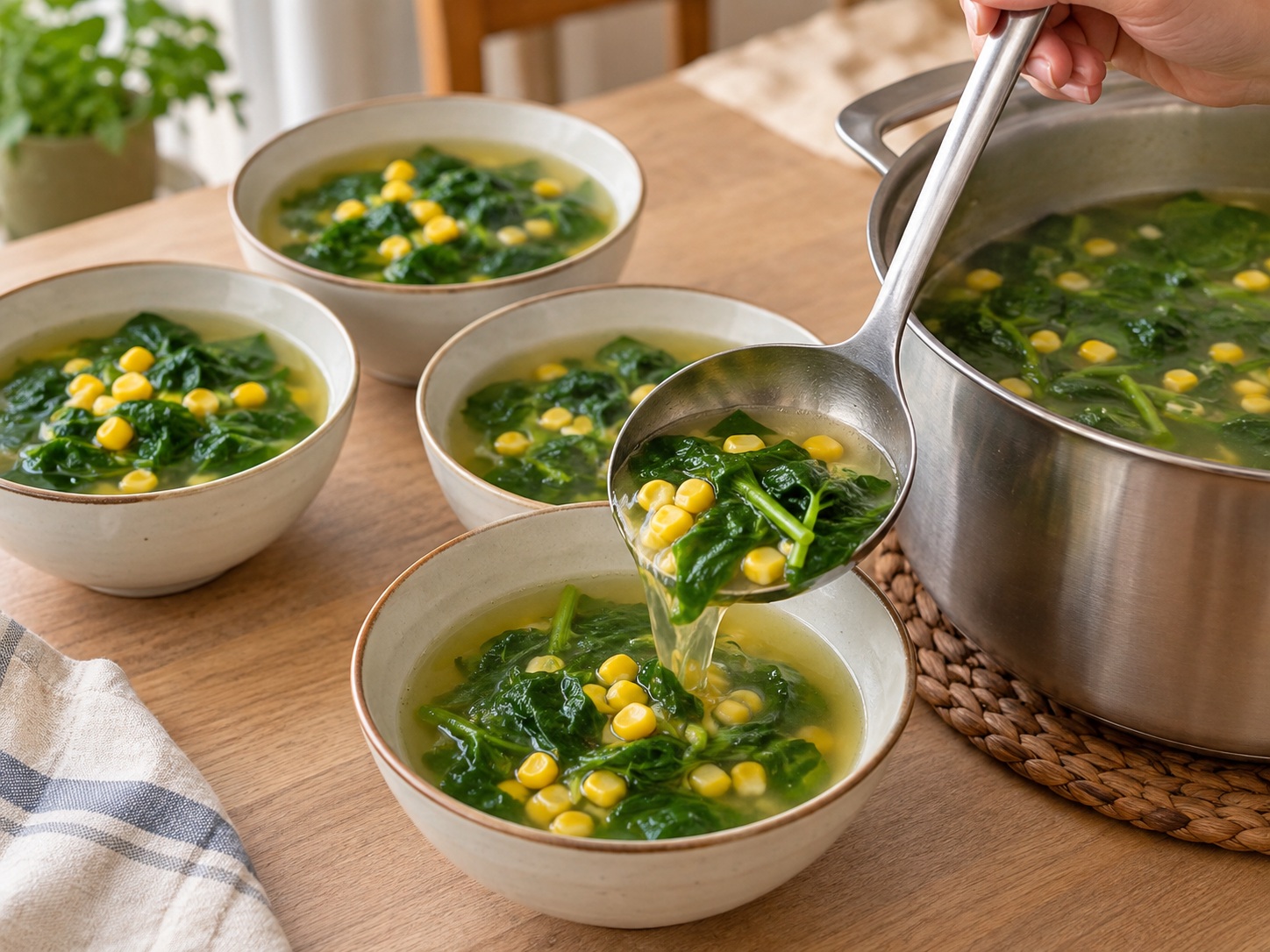 Indonesian Sayur Bening Spinach Corn Soup — Serve as a clear drinkable soup