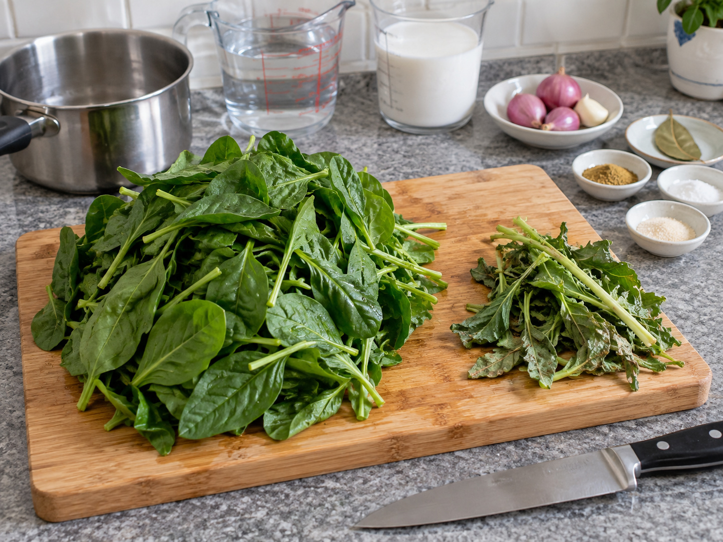 Indonesian Sayur Bobor Bayam — Remove tough leaves from spinach