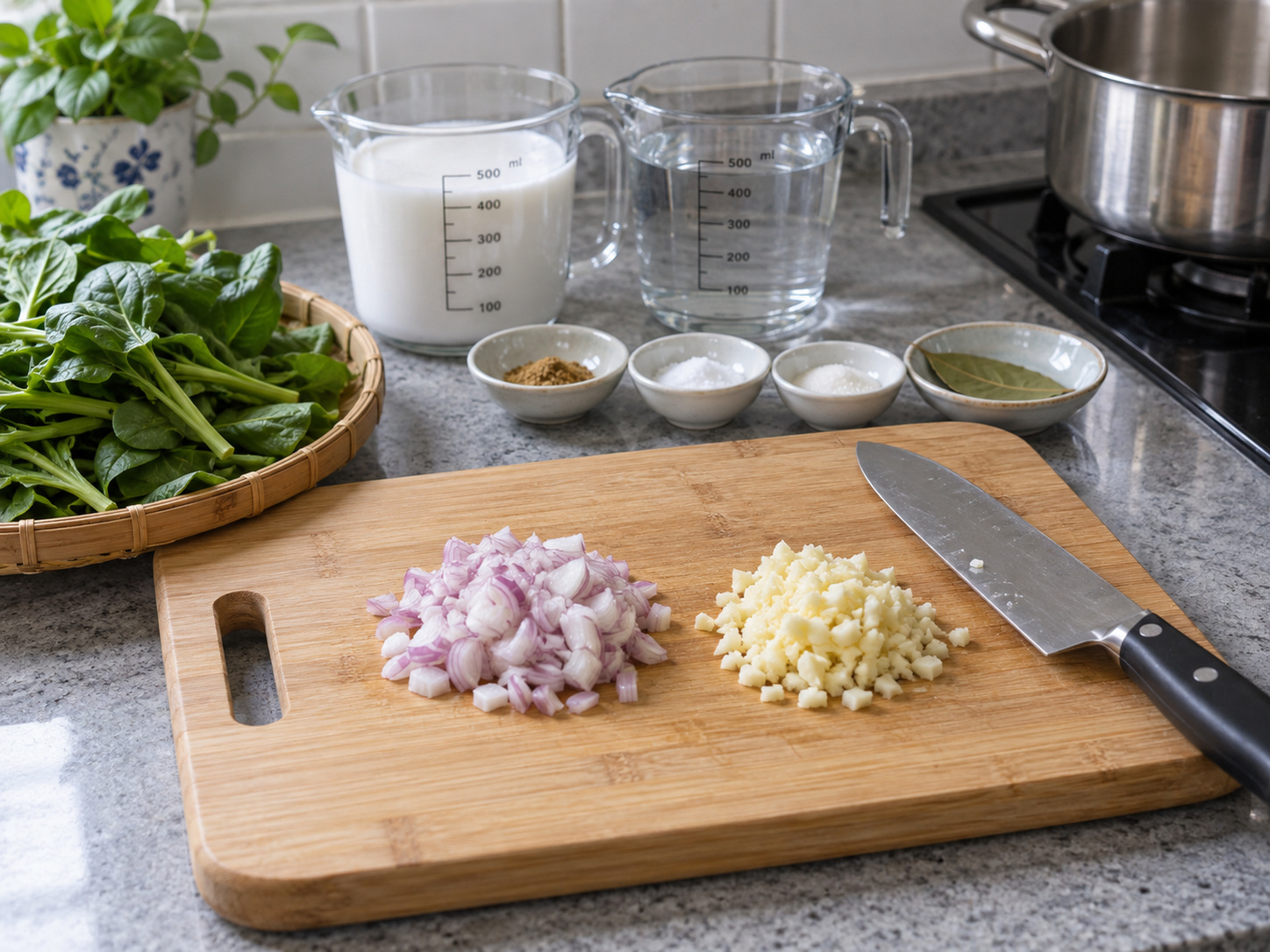 Indonesian Sayur Bobor Bayam — Finely chop shallots and garlic