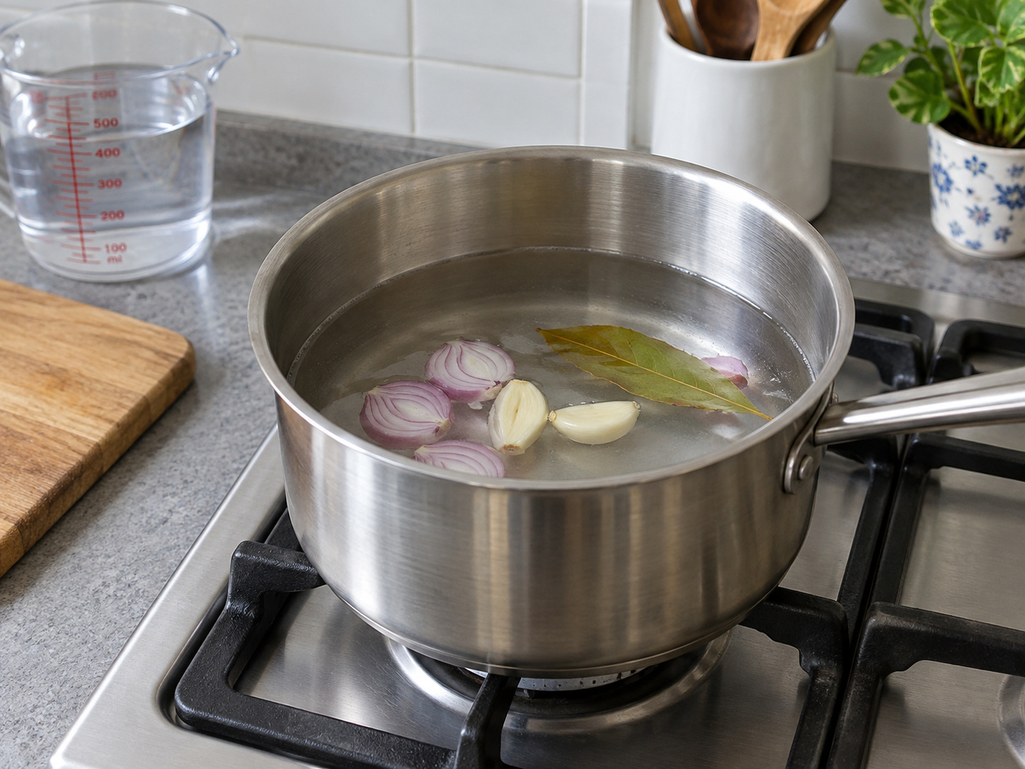 Indonesian Sayur Bobor Bayam — Put water and aromatics in a saucepan