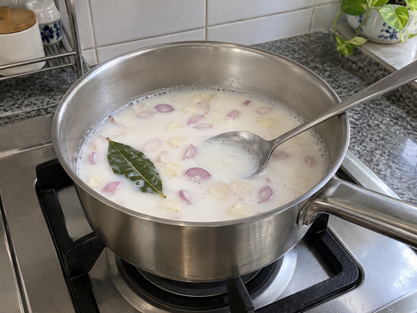 Indonesian Sayur Bobor Bayam — Stir in coconut milk gently