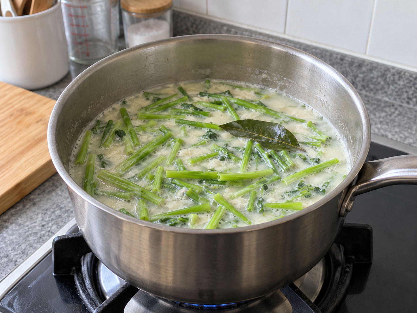 Indonesian Sayur Bobor Bayam — Cook spinach stems for two minutes