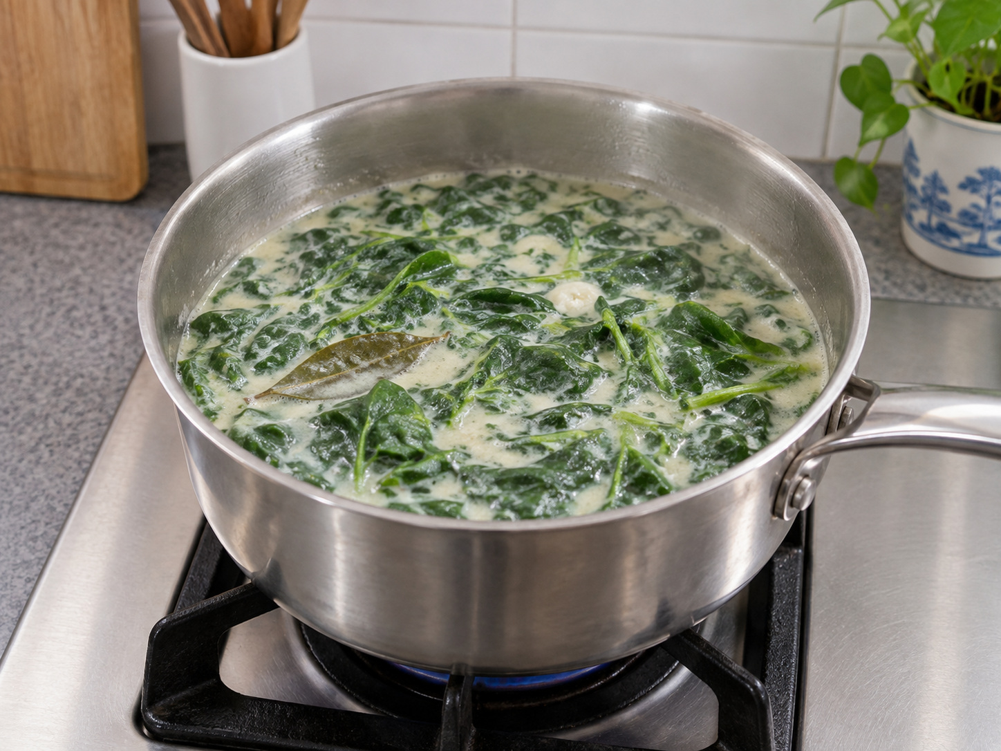 Indonesian Sayur Bobor Bayam — Add leaves and cook two more minutes