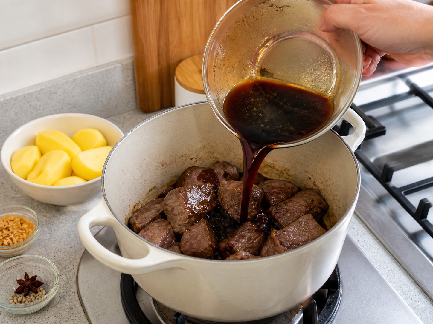 Semur Daging Sapi dan Kentang — Masukkan sapi dan saus