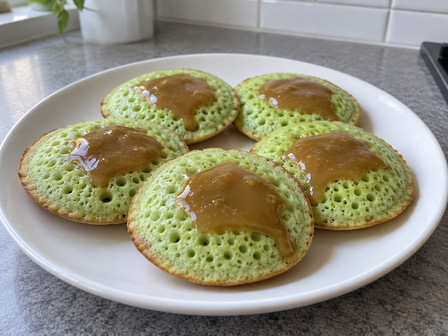 Indonesian Serabi Pandan Coconut Pancakes — finished dish