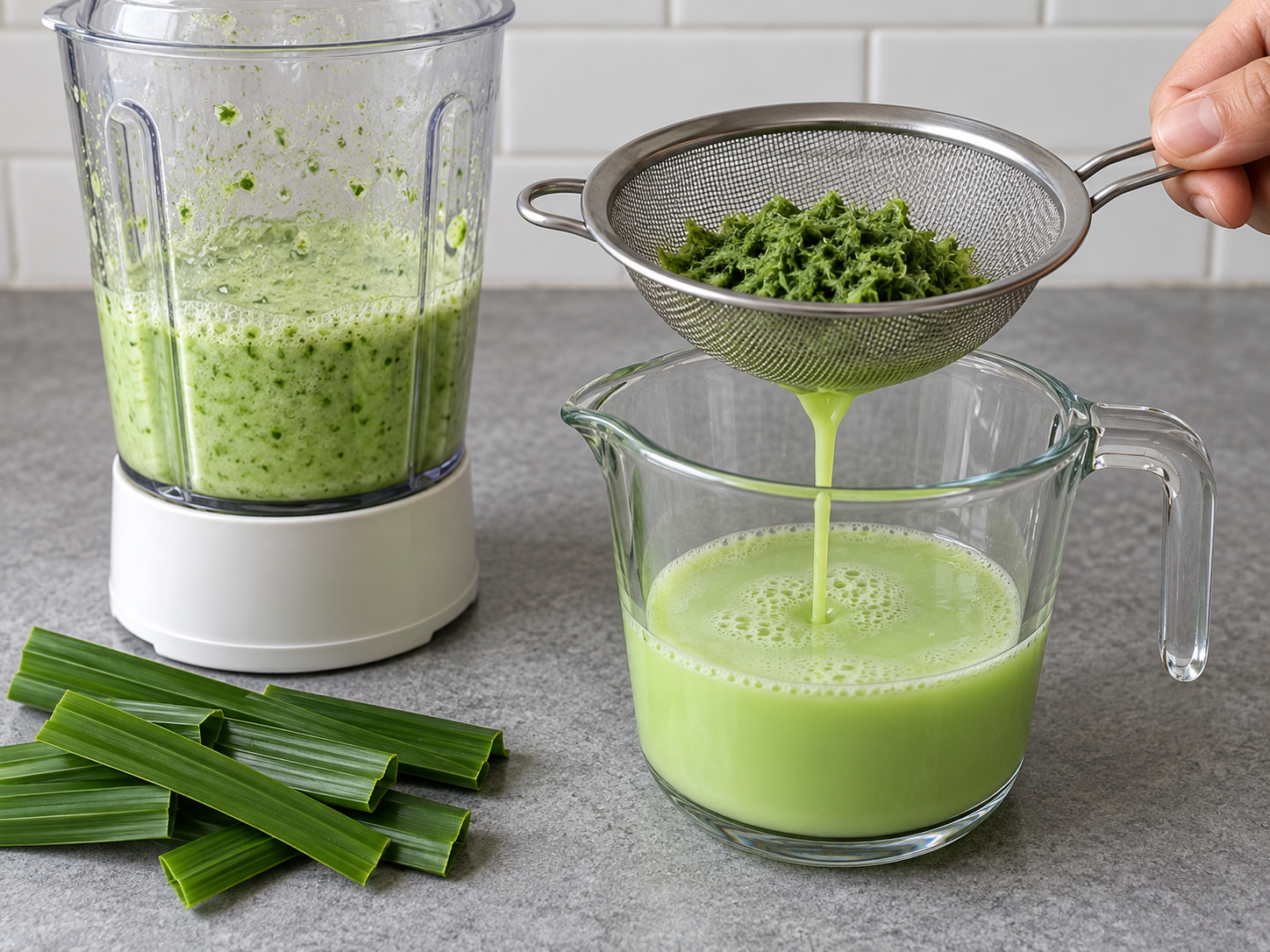 Indonesian Serabi Pandan Coconut Pancakes — 1. I-blend ang pandan sa 100 ml gata at salain ang hibla