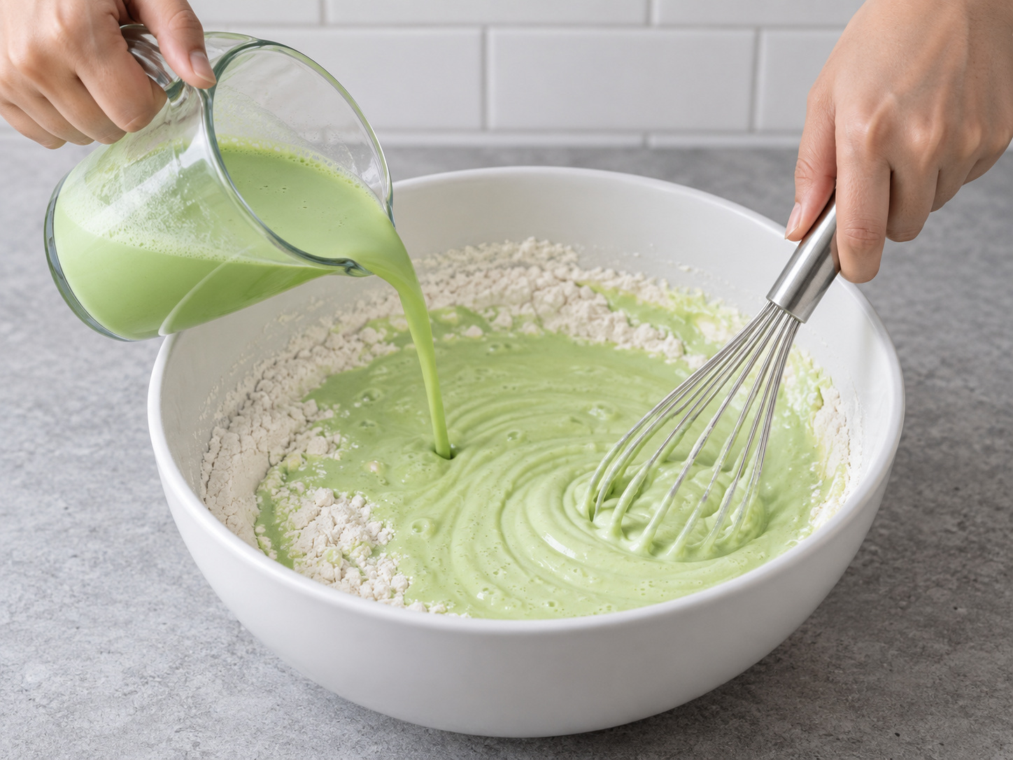Indonesian Serabi Pandan Coconut Pancakes — 3. Ibuhos ang pandan-gata at natitirang gata at haluin hanggang makinis