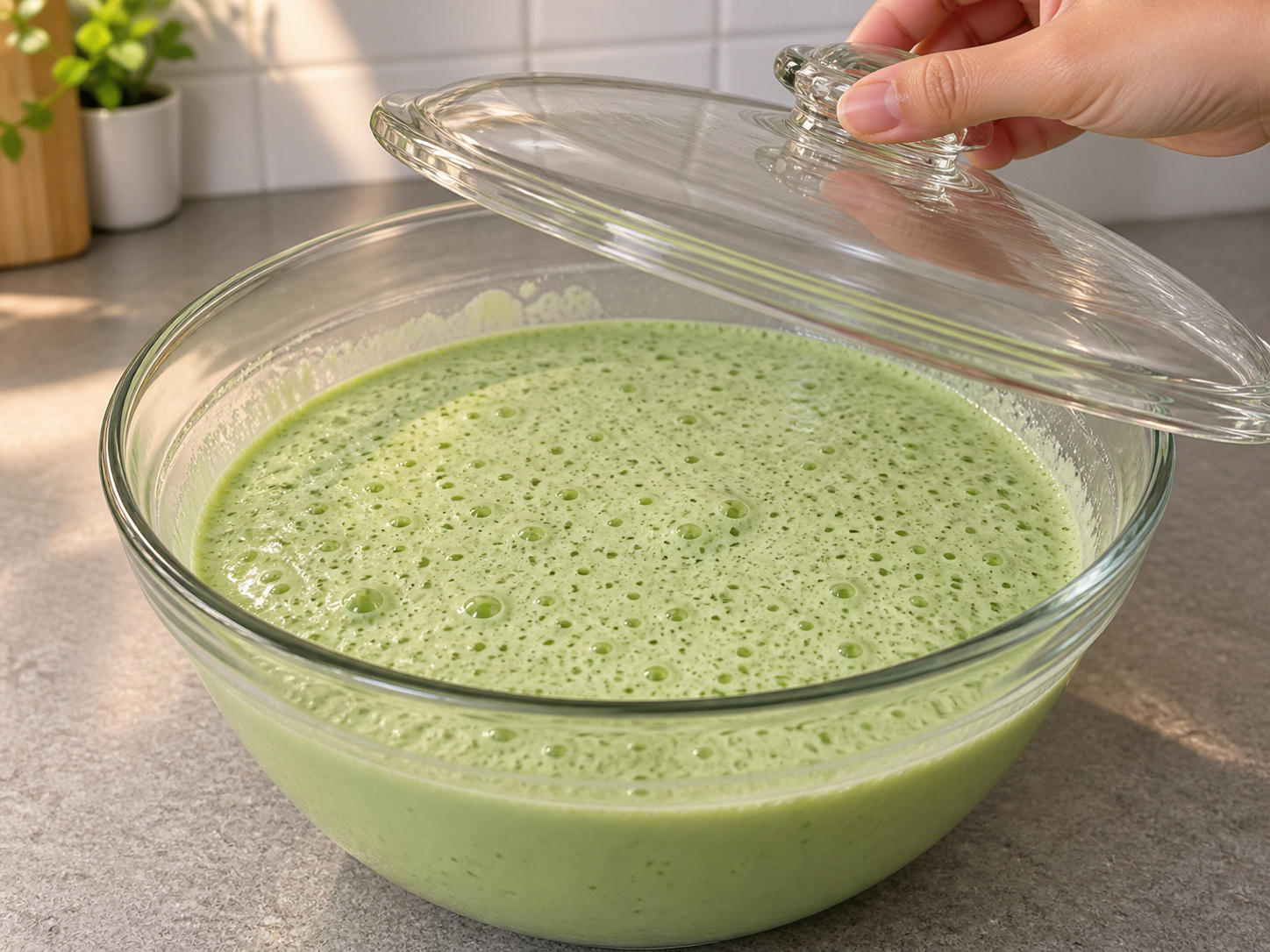 Indonesian Serabi Pandan Coconut Pancakes — 4. Takpan at paalsahin sa mainit na lugar nang 45 minuto hanggang may maliliit na bula