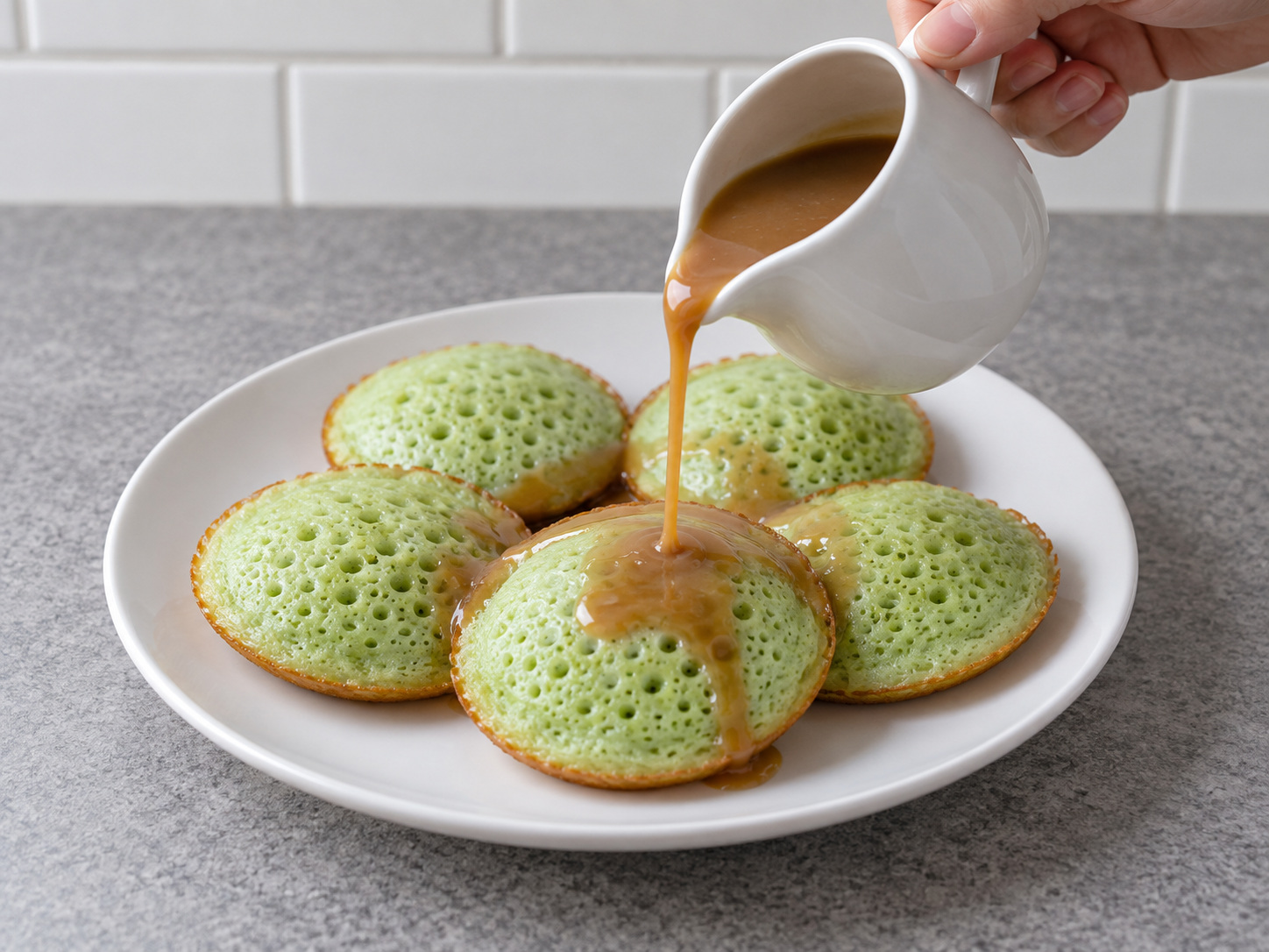 Indonesian Serabi Pandan Coconut Pancakes — 12. Ibuhos ang mainit-init na sarsa at kainin sa loob ng 2 oras o ilagay sa refrigerator