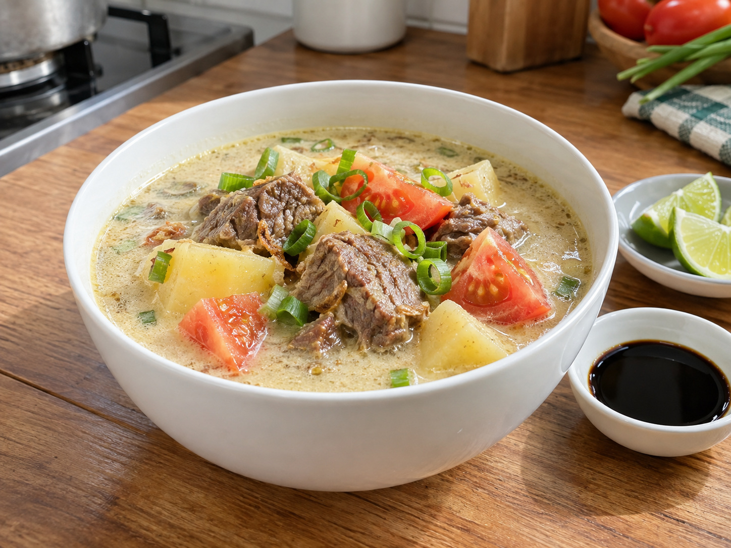 Indonesian Soto Betawi Beef — finished dish