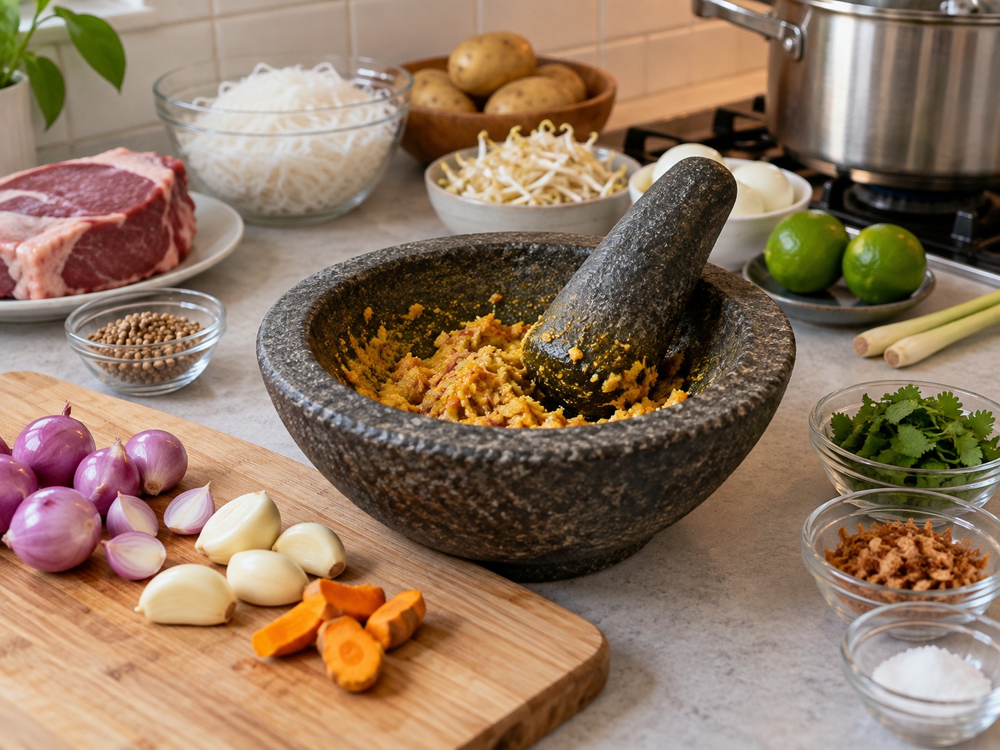 Soto Madura Indonesia — Ulek bawang merah, bawang putih, kunyit, dan biji ketumbar menjadi bumbu