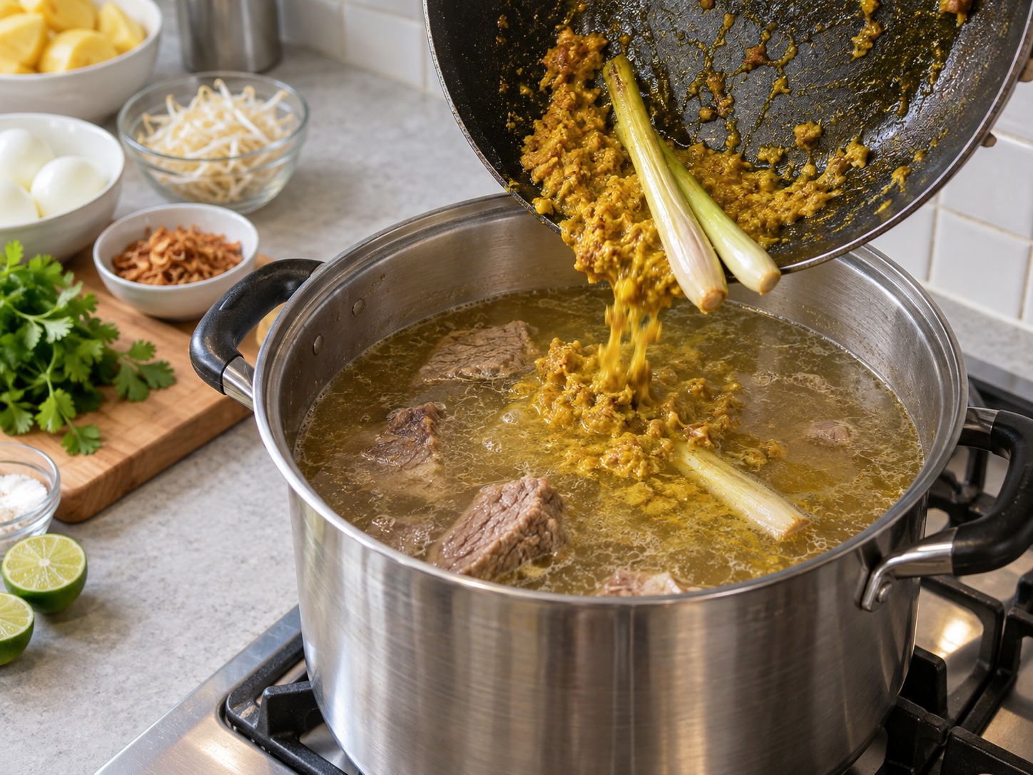 Soto Madura Indonesia — Masukkan bumbu tumis dan serai ke kaldu sapi