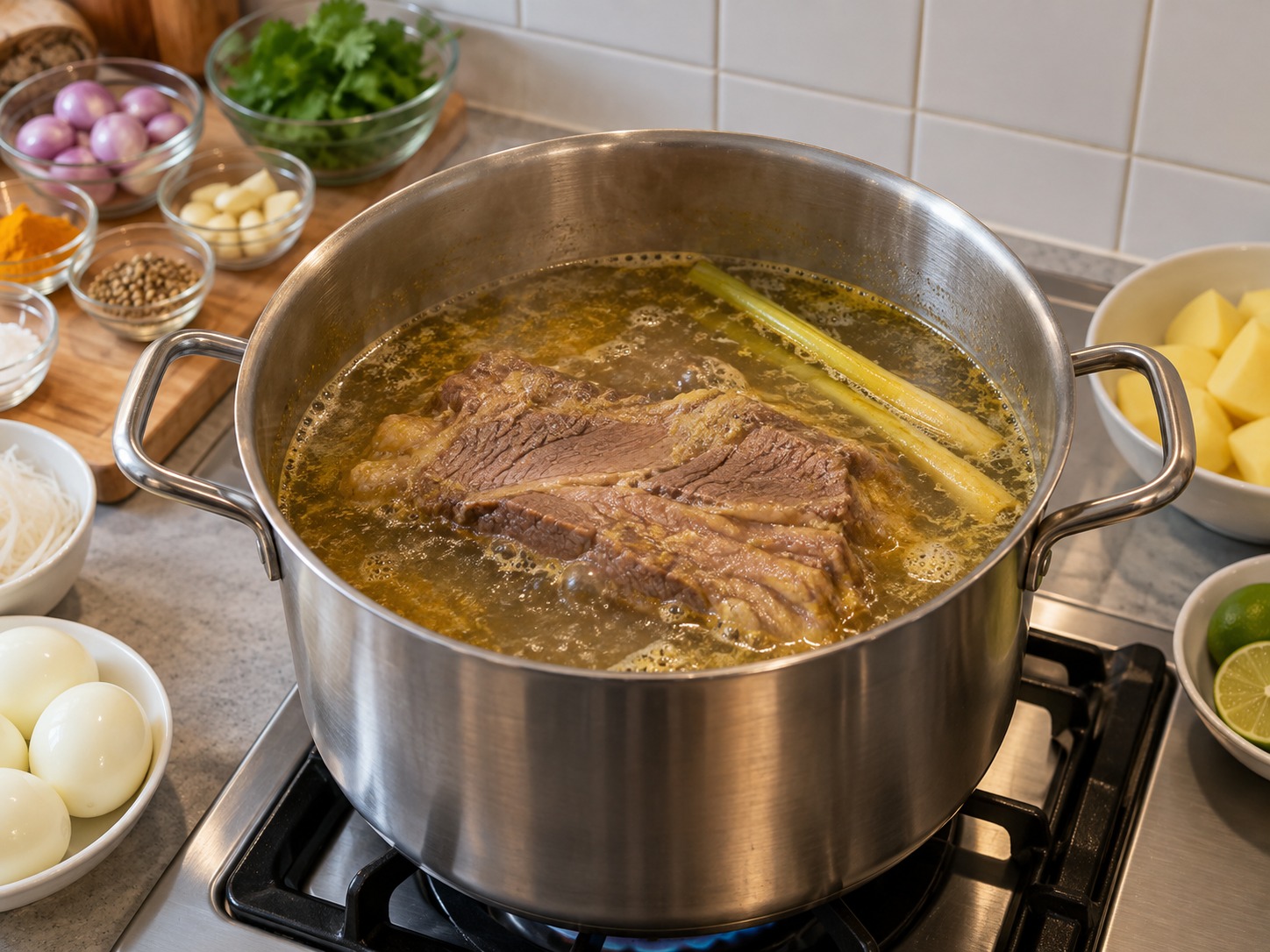 Soto Madura Indonesia — Masak perlahan sembilan puluh menit hingga sandung lamur mudah disuwir; lanjutkan bila masih keras