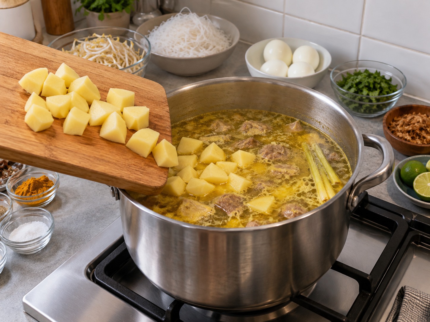 Soto Madura Indonesia — Potong dadu kentang lalu masak dalam sup