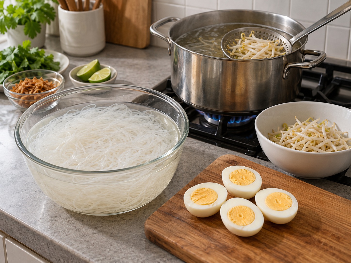 Soto Madura Indonesia — Rendam bihun, blansir tauge, dan belah telur