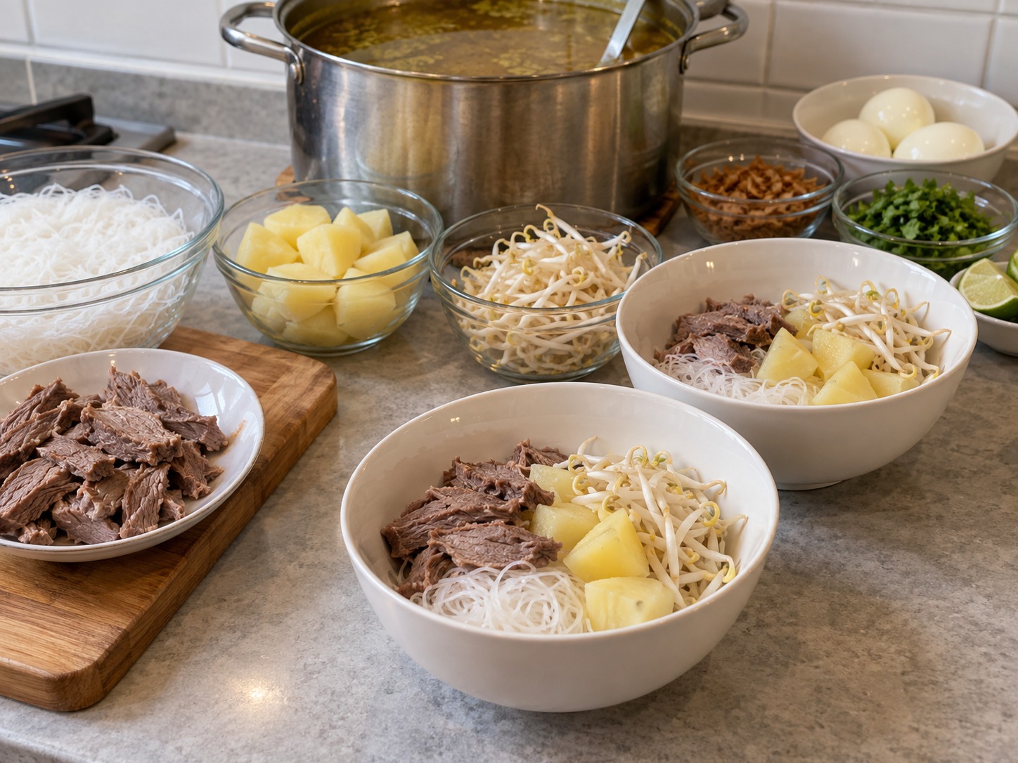 Soto Madura Indonesia — Taruh bihun, sapi, kentang, dan tauge dalam mangkuk