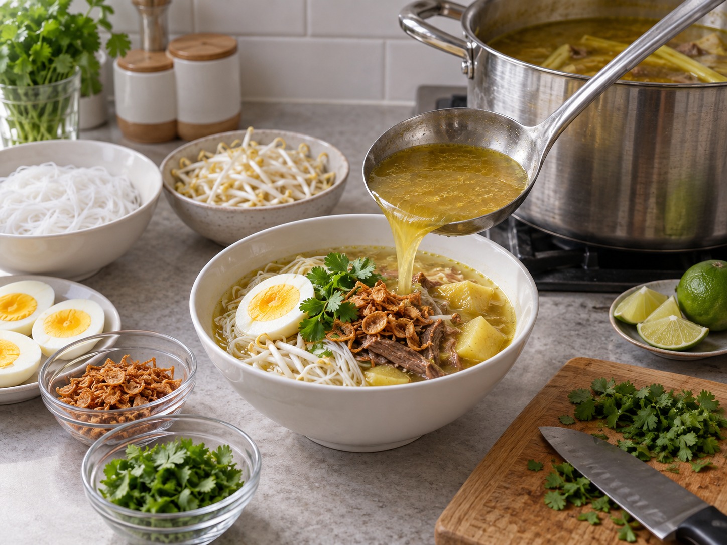 Soto Madura Indonesia — Tuang sup panas lalu beri telur, daun ketumbar, bawang goreng, dan jeruk nipis