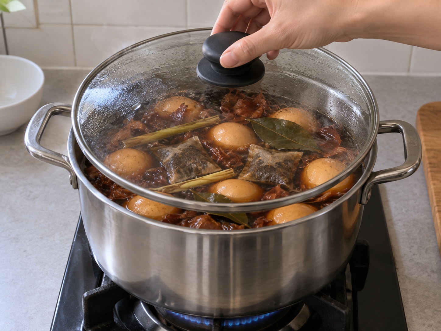 Indonesian Telur Pindang — Takpan at hinaang pakuluan nang 45 minuto habang