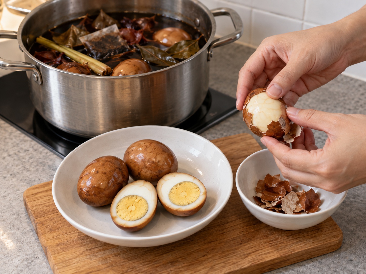 Indonesian Telur Pindang — Balatan at ihain ang telur pindang nang buo o ha