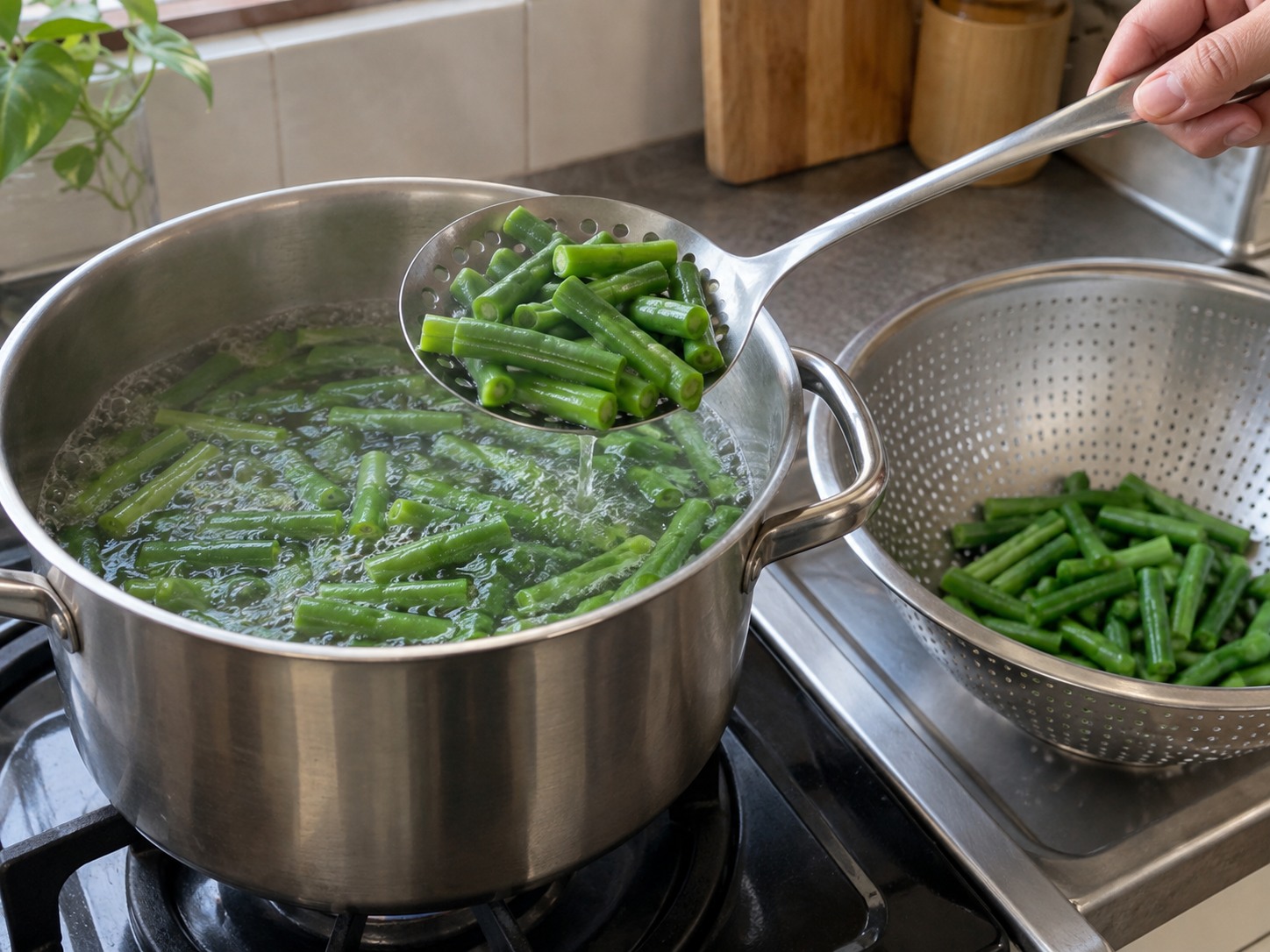 印尼香料椰絲拌雜菜 — 將長豆汆燙至
