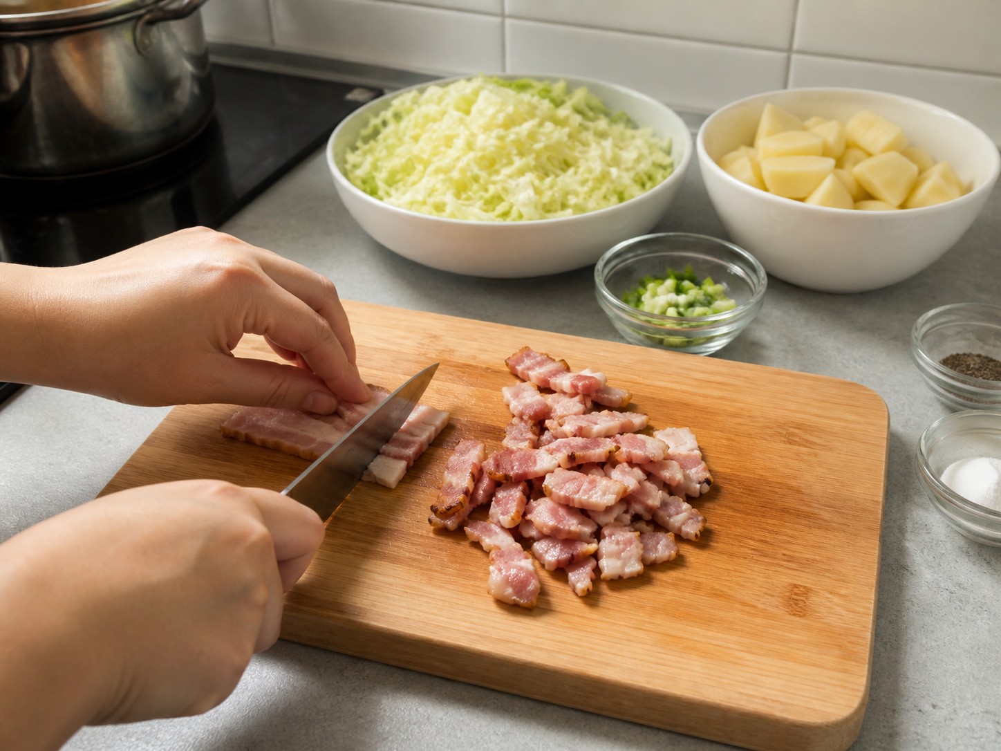 Colcannon Irlandia dengan Bacon dan Kubis — Potong bacon kecil-kecil