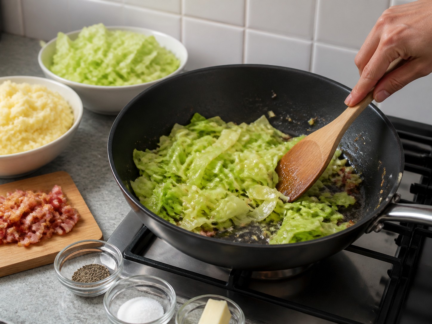 Colcannon Irlandia dengan Bacon dan Kubis — Lunakkan kol dalam lemak bacon